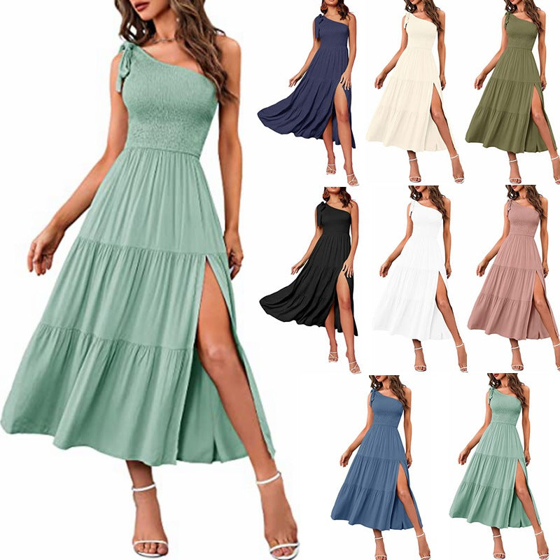2026 New Summer Fashion Women's One-shoulder Pleated Layered Hem Split Dress